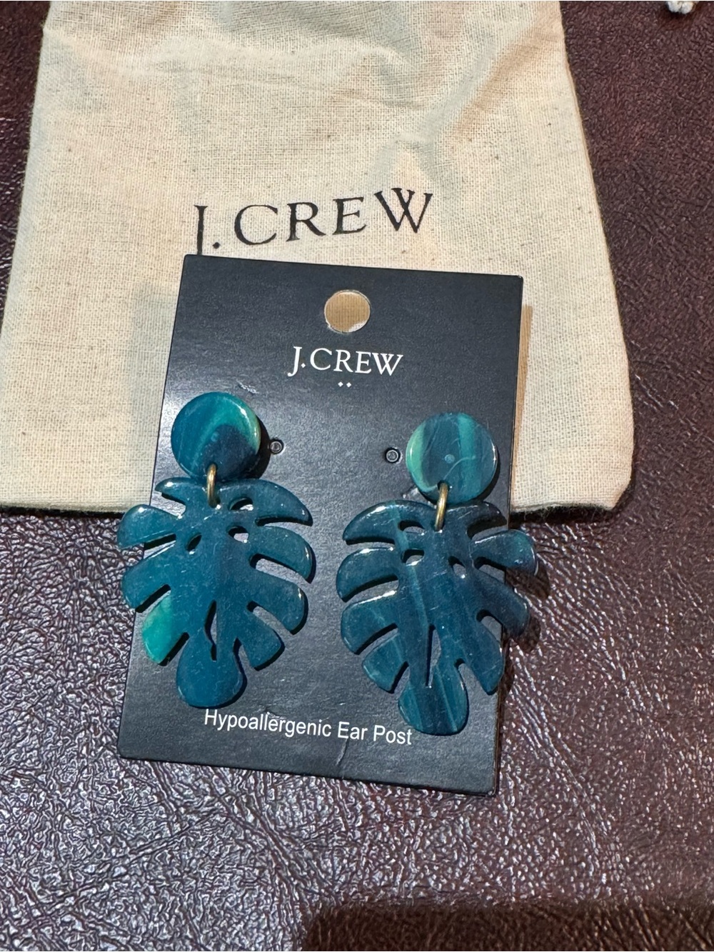 J. Crew Teal Resin Monstera Leaf Drop Earrings